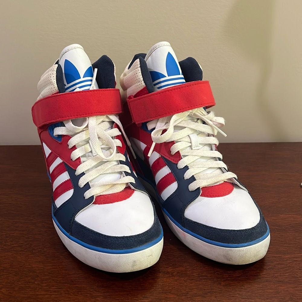 Red, White and Blue Adidas Amberlight Wedge Sneakers US Size 9